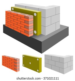 Brick Wall of the House with Insulation, cut. Arrangement Construction. Illustration. Vector EPS10.