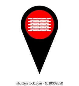 Brick wall icon. Brickwork fragment. Vector. Flat white icon in red circle at black marker on white background. Isolated.