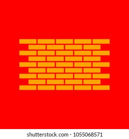 Brick wall icon. Brickwork fragment. Vector. Orange icon with white holes if exist at red background. Isolated.