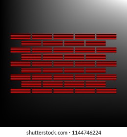 Brick wall icon. Brickwork fragment. Vector. Striped red and black icon at gradient blackish background. Zebra.