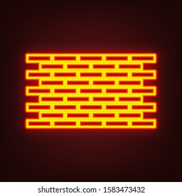 Brick wall icon. Brickwork fragment. Yellow, orange, red neon icon at dark reddish background. Illumination. Illustration.