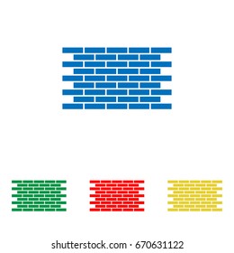 Brick wall icon. Brickwork fragment. Vector. Big blue flat icon with red, green and yellow small icons at white background. Isolated.