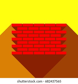 Brick wall icon. Brickwork fragment. Vector. Red icon with two flat reddish shadows on yellow background.