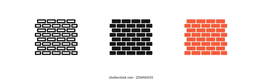 Icono de pared de ladrillo. Símbolo de construcción de piedra. Señales de albañil. Símbolos de la masonería. Iconos de bloque de compilación. Color negro y naranja. Signo aislado del vector.