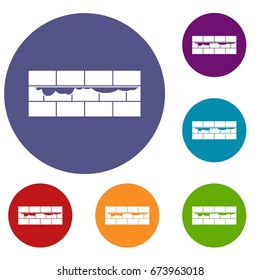 Brick wall icons set in flat circle reb, blue and green color for web