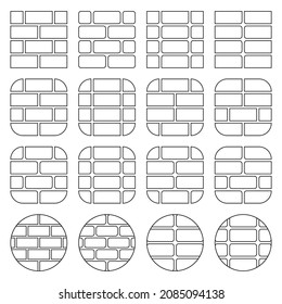 Iconos de pared de ladrillo. Conjunto de ilustraciones vectoriales modificables de contorno transparentes sobre fondo blanco.
