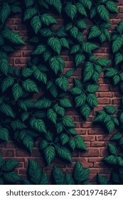 Brick wall with ivy leaves. Green ivy foliage on red bricks, building wall or fence. Vector illustration of a brick wall flat style.