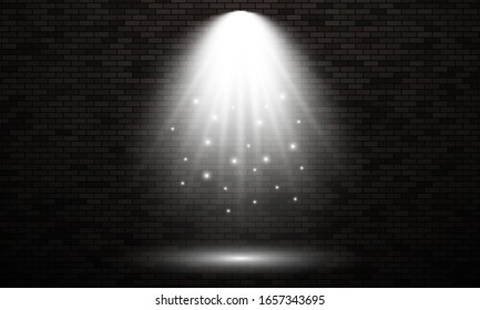 Brick wall with light spot. Isolated light effect of white color on dark brick wall background. Vector illustration