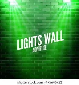 Brick wall with lights. Colorful light shining on a wall. Vector poster design.