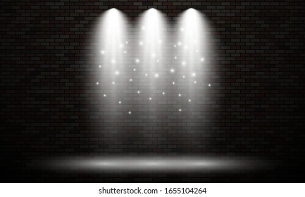 Brick wall with lights spots. Three isolated lights effects of white color on dark brick wall background. Vector illustration
