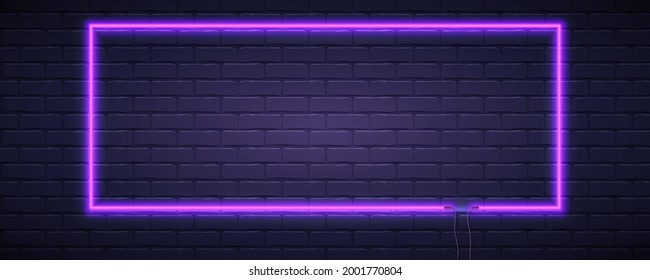 Brick wall lit by neon lamp of violet color. Neon lamp in the shape of rectangle. Vector template, 3d illustration.