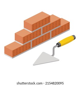 Brick wall masonry, spatula. Vector 3d line isometric, color web icons, new flat style. Creative design idea for infographics.