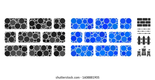 Brick wall mosaic of filled circles in variable sizes and color tinges, based on brick wall icon. Vector filled circles are organized into blue mosaic.