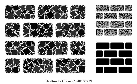Brick wall mosaic of uneven pieces in different sizes and color tones, based on brick wall icon. Vector inequal items are organized into collage. Brick wall icons collage with dotted pattern.