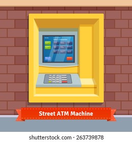 Brick wall mounted outdoor ATM machine. Flat style vector illustration.