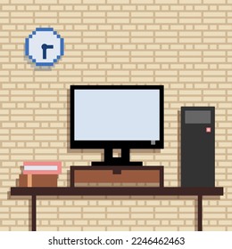 Área de trabajo de oficina de paredes de ladrillo. Computadora en el escritorio. Sala de trabajo con Pc