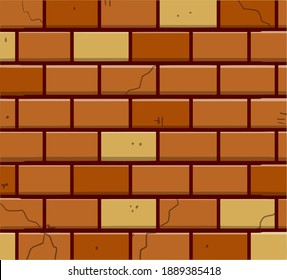 Brick wall. Old red stone fence. Element of the facade of the house and building. Flat cartoon illustration