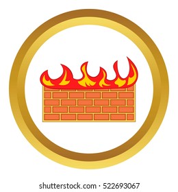 Brick wall on fire vector icon in golden circle, cartoon style isolated on white background