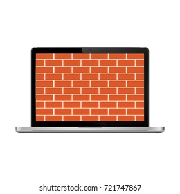 Brick wall on modern laptop screen. Firewall concept.