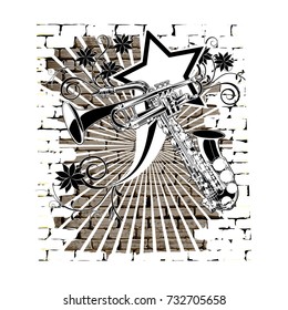 Brick wall on a white background with a saxophone drawing and a musical trumpet in a floral pattern.