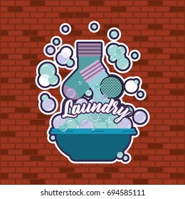 brick wall orange background of socks cloth in basin with soap laundry text vector illustration