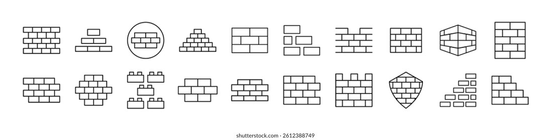 Brick Wall Outline Icon Collection. Editable Stroke. Perfect for Infographics, Articles, Books, Flyers, Banners