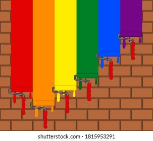 Brick wall is painted colored stripes. Paint rollers with drops of paint. Vector illustration in flat style.