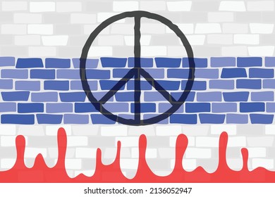 Ziegelmauer in den Farben der Flagge von Russland - weiß, blau und rot, der rote Streifen fließt nach unten. In der Mitte der Flagge ist ein Graffiti-Symbol des Pazifismus. 
