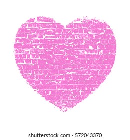 Brick wall pink heart isolated on a white background. Urban grunge holiday love symbol. Valentine disress sign. EPS10 vector.