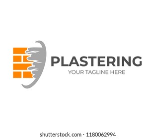 Brick wall with plaster or plastering, logo design. Construction, repair and finishing works, vector design and illustration