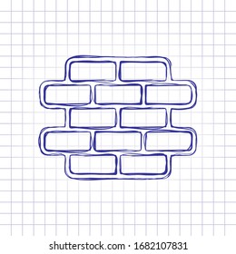 Ziegelwand, Schutzlogo, Umriss-Design. Handgezeichnetes Bild auf Papier. Blaue Tinte, Skizzenstil. Doodle auf dunklem Hintergrund