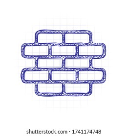 Brick wall, protection logo, outline design. Hand drawn sketched picture with scribble fill. Blue ink. Doodle on white background