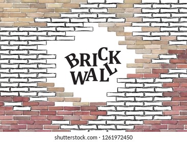 Brick wall with punched hole of circular shape drawn in two techniques, line graphic and watercolour. Vector architectural design.