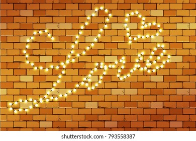 Brick wall with realistic luminous garland.  Glowing lights lamp for holiday greeting card design. Haert shape and Love text