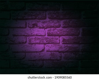 Brick wall with red neon light. Lighting effect red color glow on old grunge brick texture. Vignette design. Vector dark background