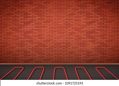 Brick wall in room with heating floor. Simple interior without furnish and furniture. Floor heating system. Ways of installing pipes under cover. Vector Illustration