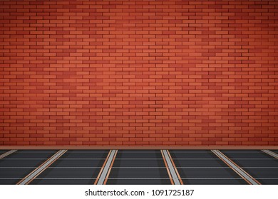Brick wall in room with infrared heating floor. Simple interior without furnish and furniture. Floor heating system. Ways of installing films under cover. Vector Illustration