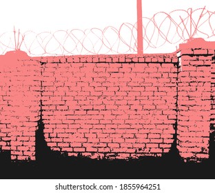 Brick wall, with round barbed wire. Vector illustration, template.