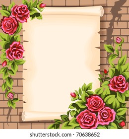Brick wall,  scroll  and  roses.