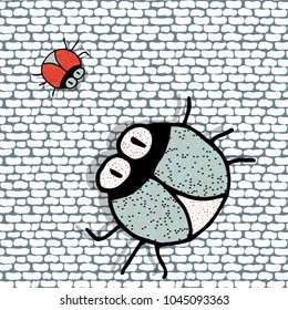 Brick wall seamless background with funny bright shiny bags on pale blue and white pattern