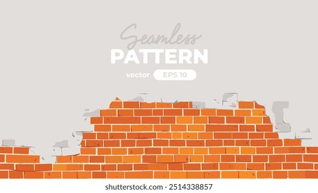 Brick wall seamless pattern. Red color. Cracked and peeling grey paint. Vector illustration. Cartoon design. Flat style. Minimalism. Wall texture background. Stone blocks. Realistic. Eps10.