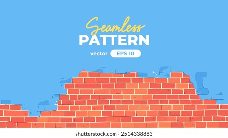 Brick wall seamless pattern. Red color. Cracked and peeling blue paint. Vector illustration. Cartoon design. Flat style. Minimalism. Wall texture background. Stone blocks. Realistic. Eps10.