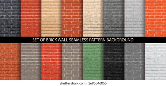 Brick wall seamless pattern set. Different brick background textures - red, orange, gray, black, brown, green, beige, light colors. Set of seamless brick wall texture. Vector pattern illustration.