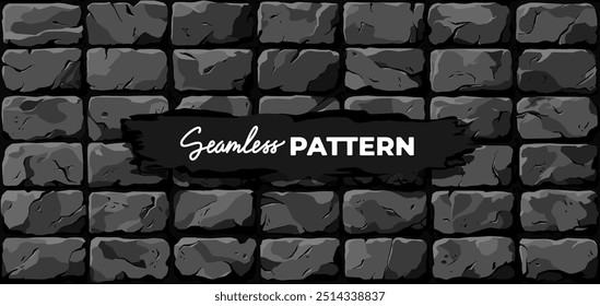 Parede de tijolo padrão sem costura. Ilustração vetorial. Cor preta. Desenho animado. Estilo plano. Alto detalhado. Fundo da textura da parede. Blocos de pedra. Realista. Eps10