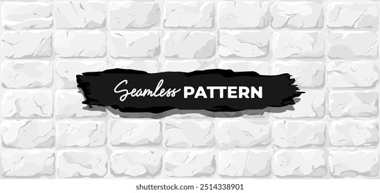 Brick wall seamless pattern. Vector illustration. White color. Cartoon design. Flat style. High detailed. Wall texture background. Stone blocks. Realistic. Eps10.