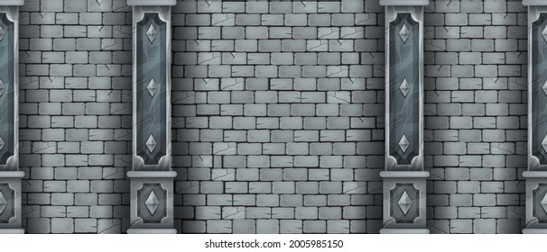 Brick wall seamless texture, ancient castle stone background, marble pillars, vector medieval masonry. Old dungeon rock tiles, vintage temple backdrop, column. Brick wall architecture interior banner