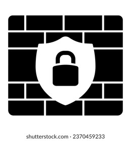Mauer- und Sicherheitszeichen mit festem Schloss-Symbol, Websicherheitskonzept, Brandmauer-Zugangsregeln auf weißem Hintergrund, Schild mit einem Symbol aus Cyber-Sicherheitsziegelsteinen im Stil von Glyphos