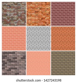 Brick wall. Set of nine red and grey brick wall backgrounds. Vector illustration 
