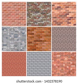 Brick wall. Set of nine red and grey brick wall backgrounds. Vector illustration 