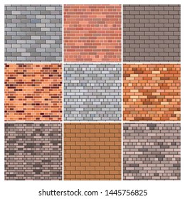 Brick wall. Set of nine red and grey brick wall backgrounds. Vector illustration 